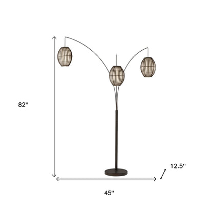 82" Bohemian Three-Light Tree Floor Lamp with Wicker Shades