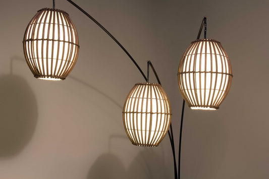 82" Bohemian Three-Light Tree Floor Lamp with Wicker Shades