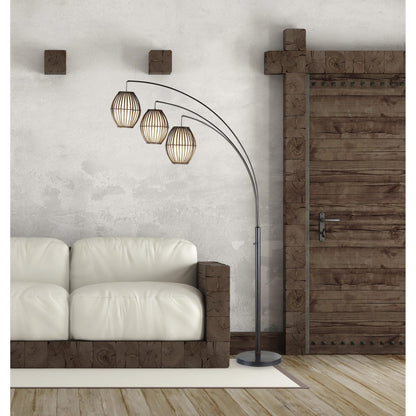 82" Bohemian Three-Light Tree Floor Lamp with Wicker Shades