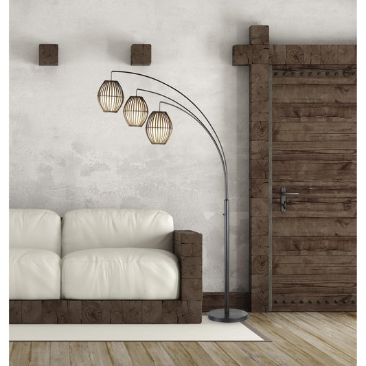 82" Bohemian Three-Light Tree Floor Lamp with Wicker Shades