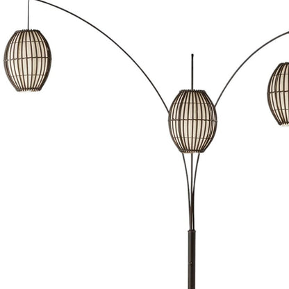 82" Bohemian Three-Light Tree Floor Lamp with Wicker Shades