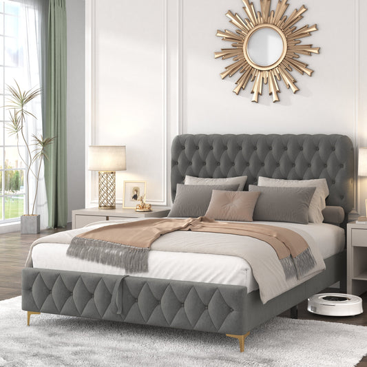 Queen Velvet Platform Bed with Lift-Up Storage