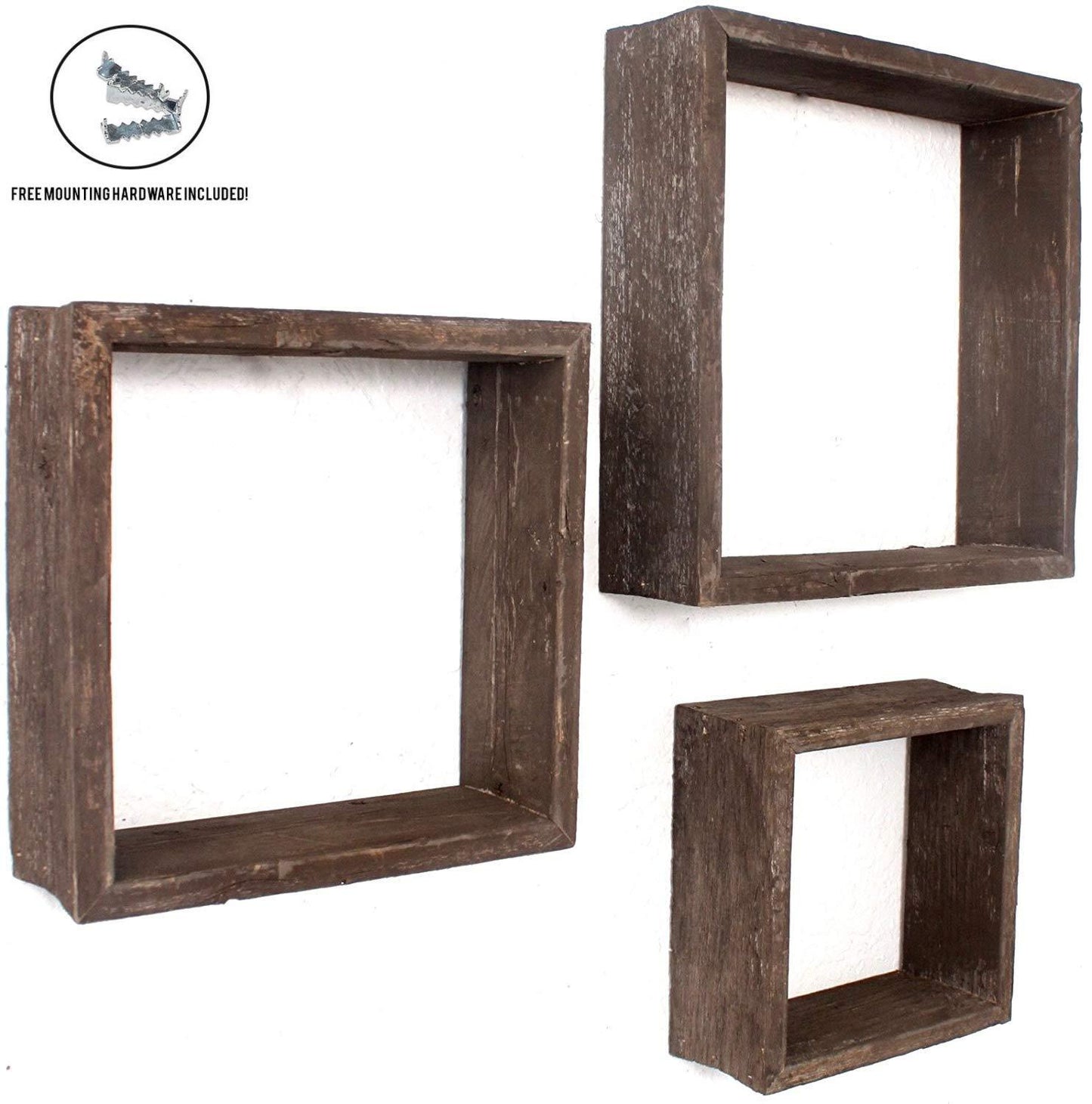 Set of 3 Square Espresso Reclaimed Wood Open Box Shelves