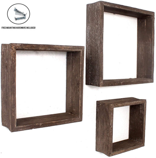 Set of 3 Square Espresso Reclaimed Wood Open Box Shelves