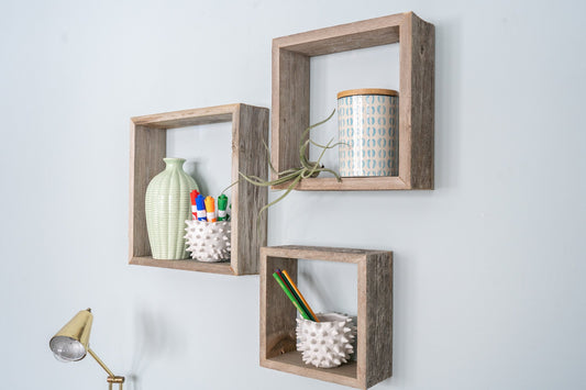 Set of 3 Square Espresso Reclaimed Wood Open Box Shelves