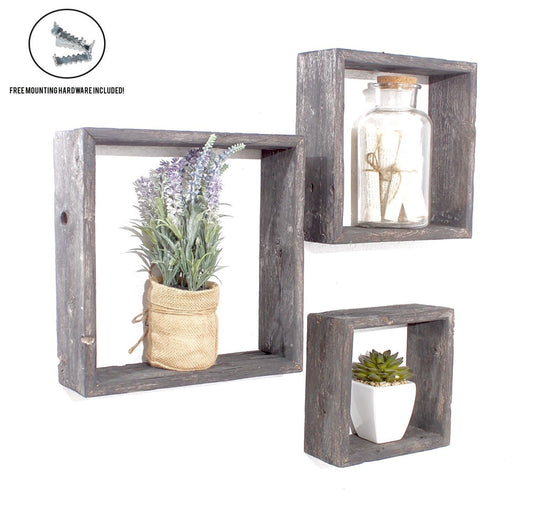 Rustic Farmhouse Wall Cubes – Set of 3 Wooden Display Shelves