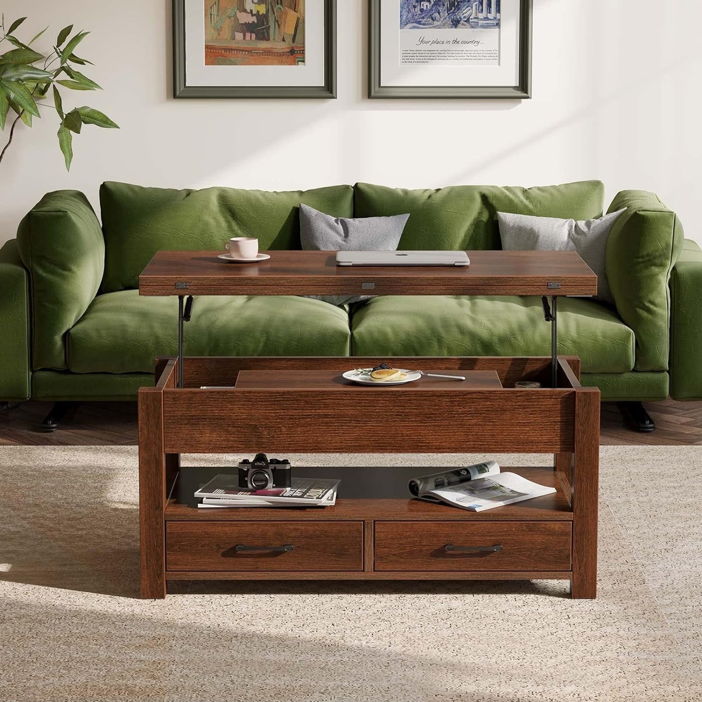 Multi-Functional Coffee Table with Rotating Top for Dining or Work