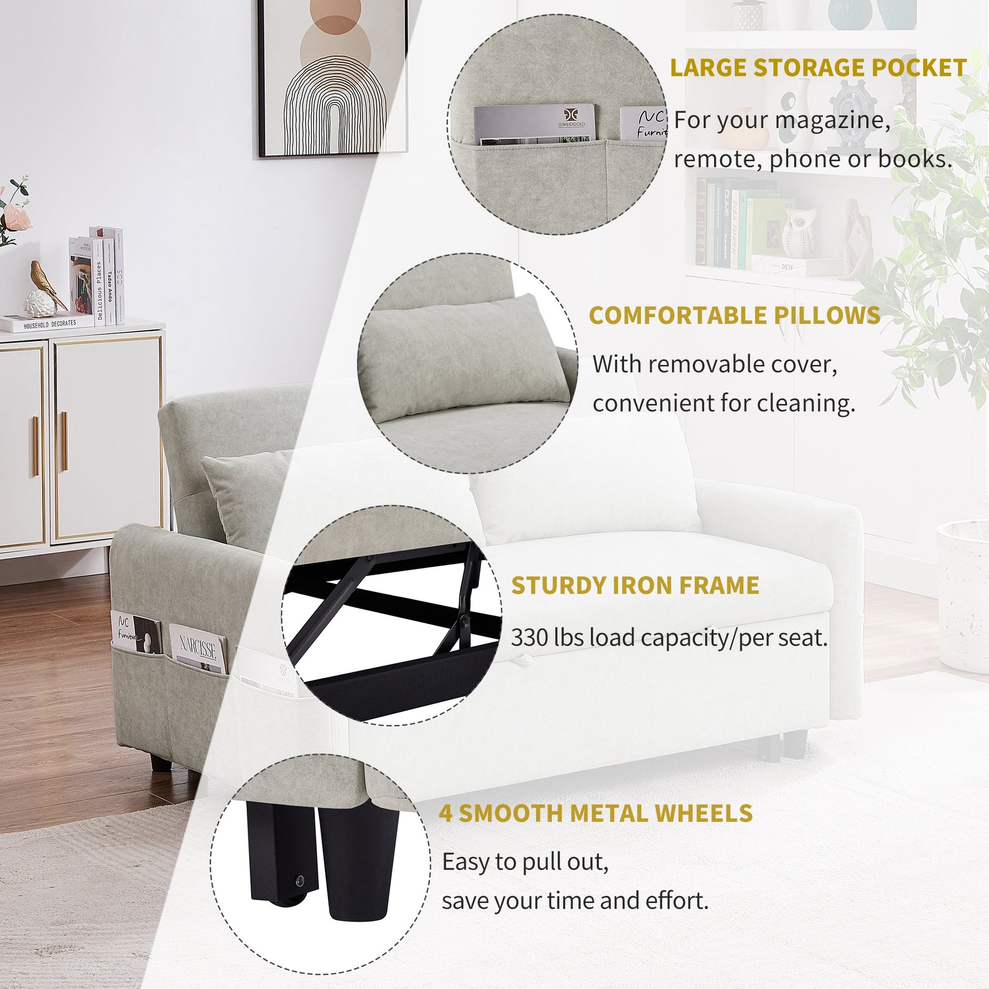 Recliner chair with features highlighted on a white background