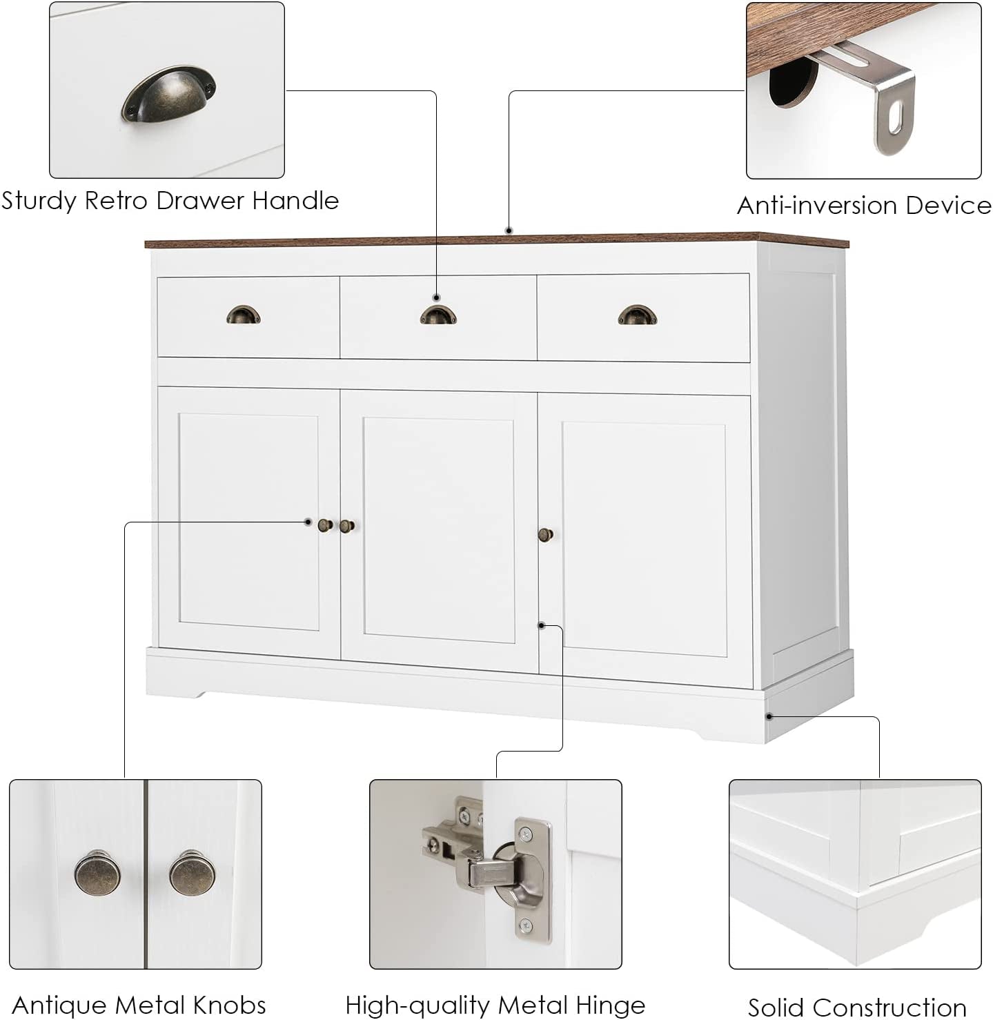 Modern Farmhouse Buffet Cabinet | White with Gold Knobs, Wine Storage, Adjustable Shelves