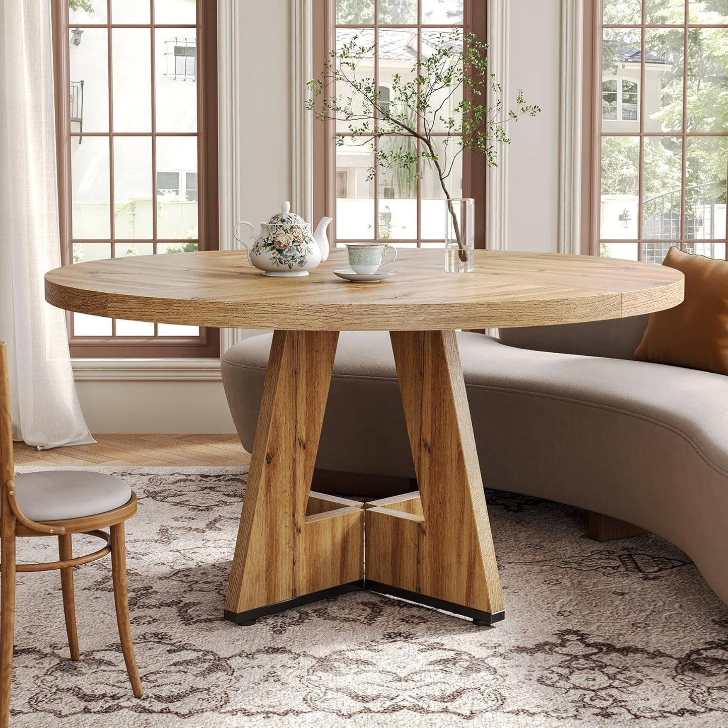 47.24" Round Dining Table for 4-6 People with Sturdy Pedestal Base (Light Brown)