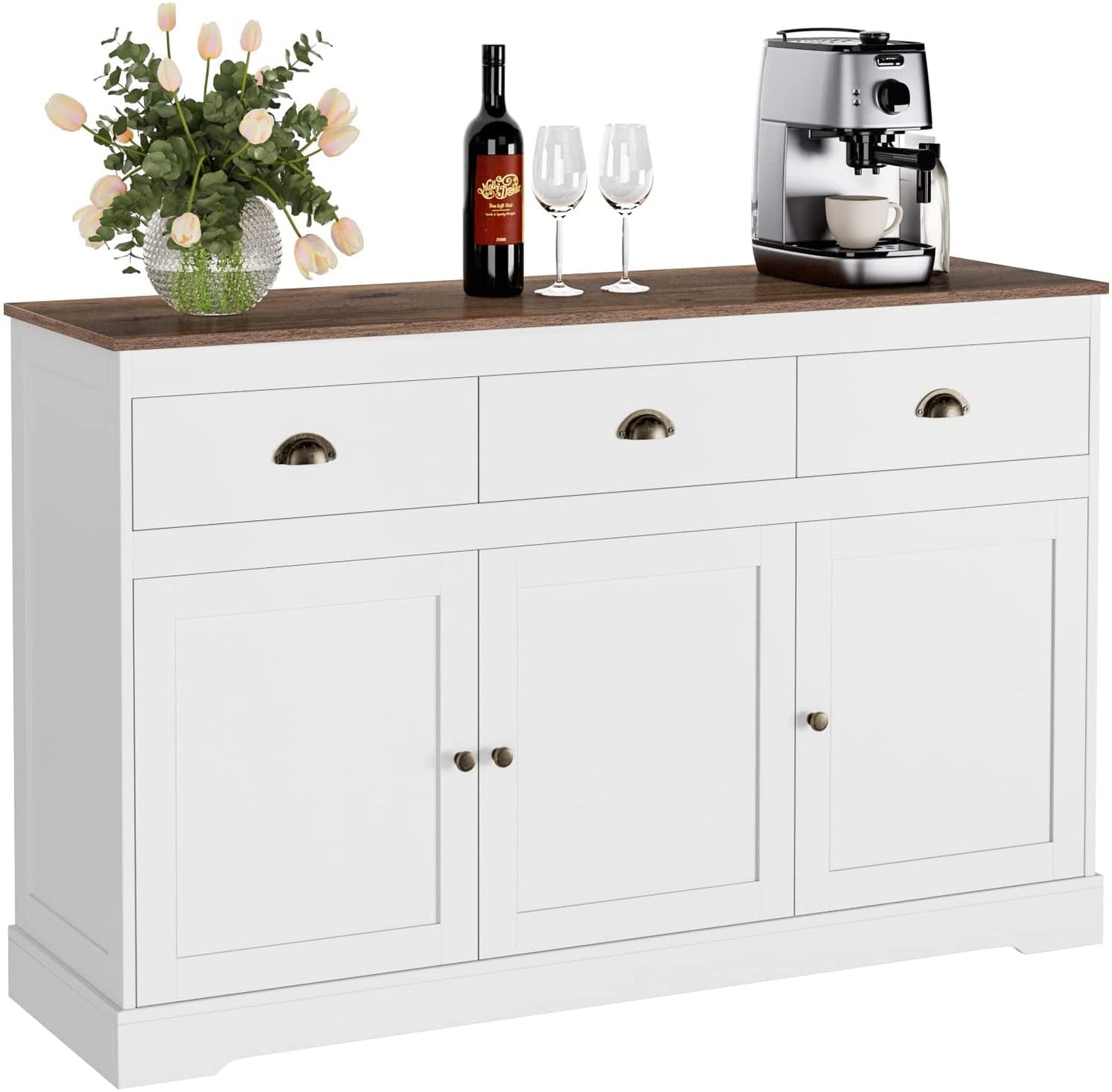 Modern Farmhouse Buffet Cabinet | White with Gold Knobs, Wine Storage, Adjustable Shelves