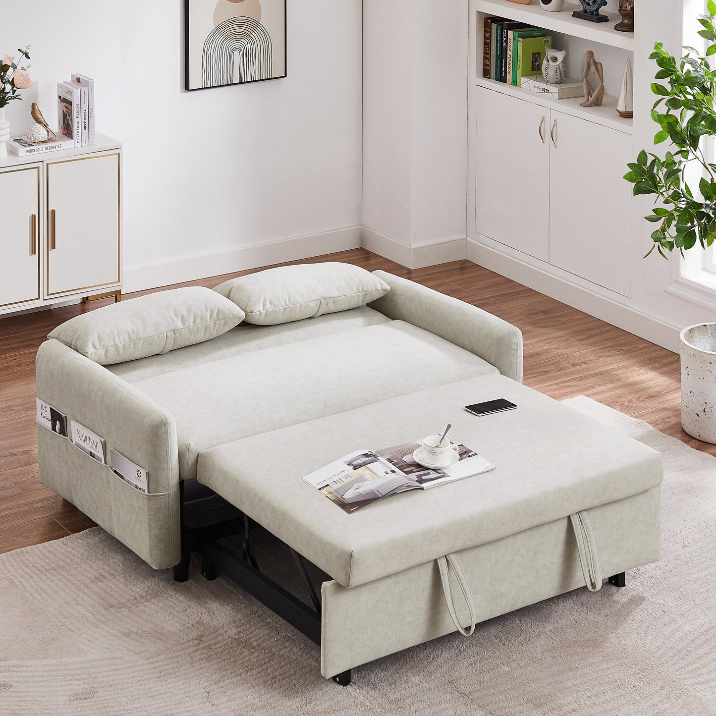 2-Seat Microfiber Sofa Bed with Pillows and Side Storage