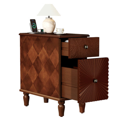 Mid-Century Modern 2-Drawer Nightstand with 2 USB / 2 AC Charging Station (Walnut)