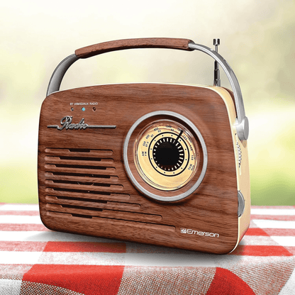 Emerson Retro Radio Bluetooth 5.0 Portable AM/FM Rechargeable Analog Wood Finish
