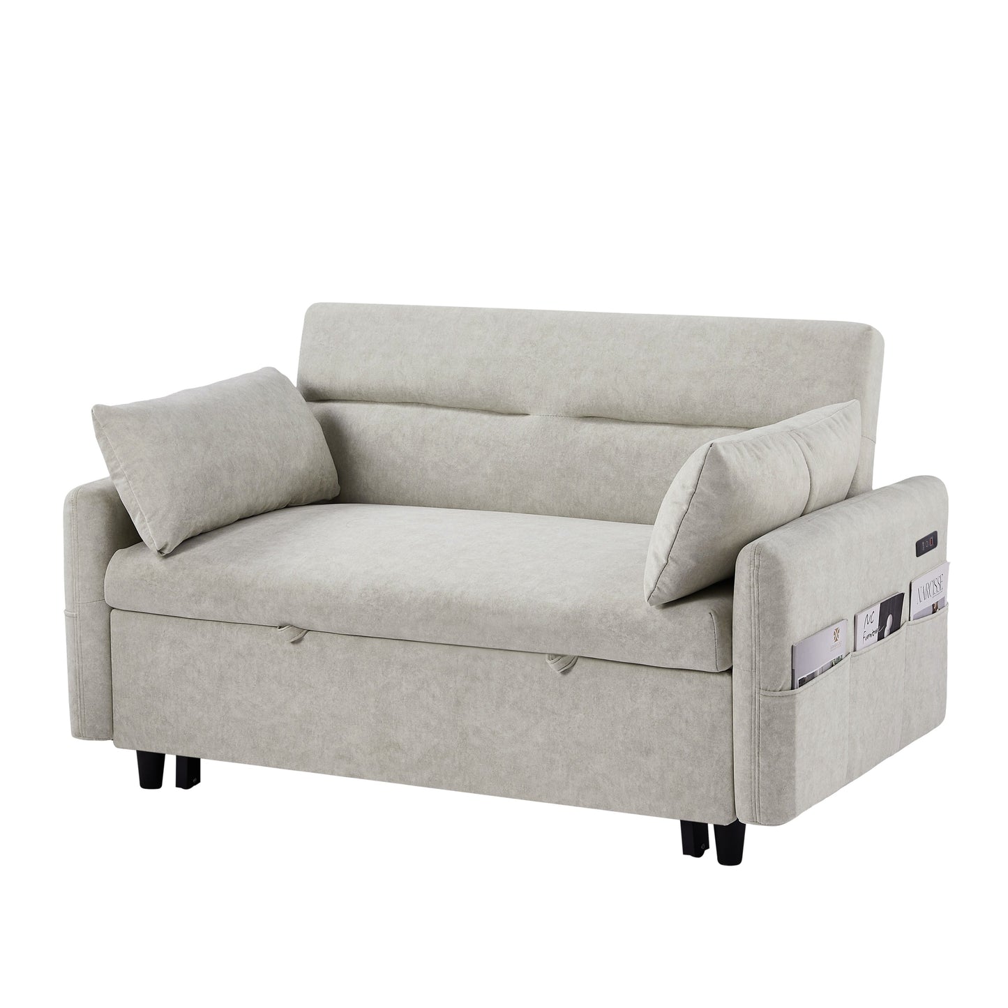 2-Seat Microfiber Sofa Bed with Pillows and Side Storage