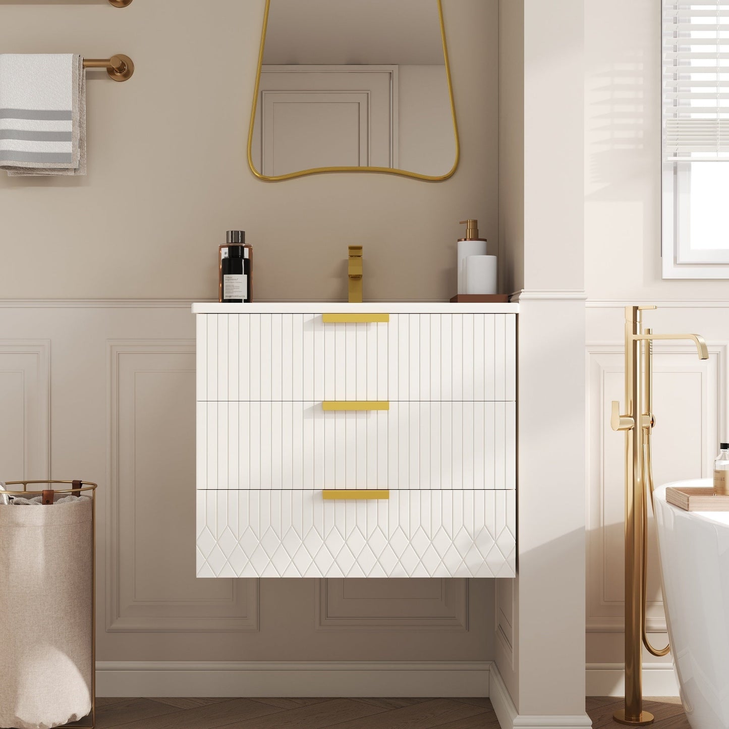 24" White Floating Bathroom Vanity w/ Ceramic Sink and Double Drawer