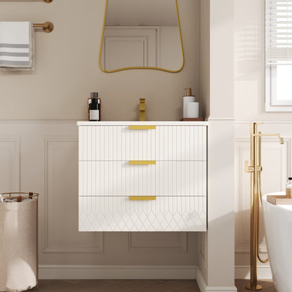 24" White Floating Bathroom Vanity w/ Ceramic Sink and Double Drawer