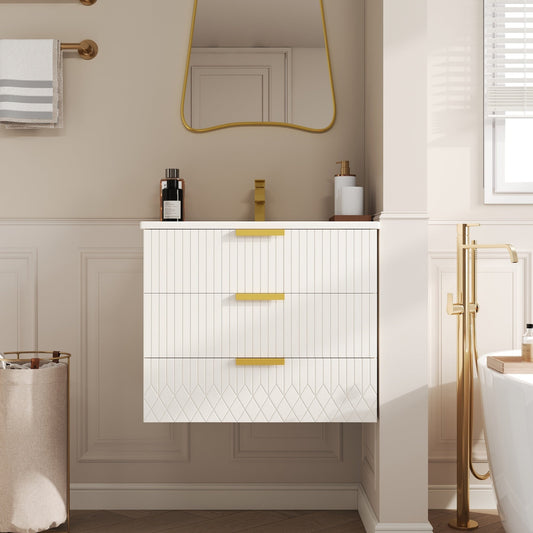 24" White Floating Bathroom Vanity w/ Ceramic Sink and Double Drawer