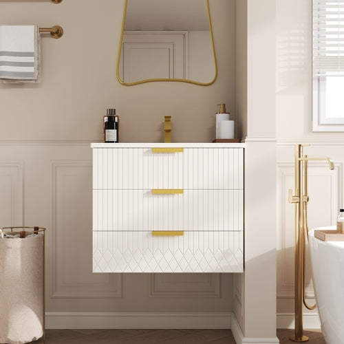 24" White Floating Bathroom Vanity w/ Ceramic Sink and Double Drawer