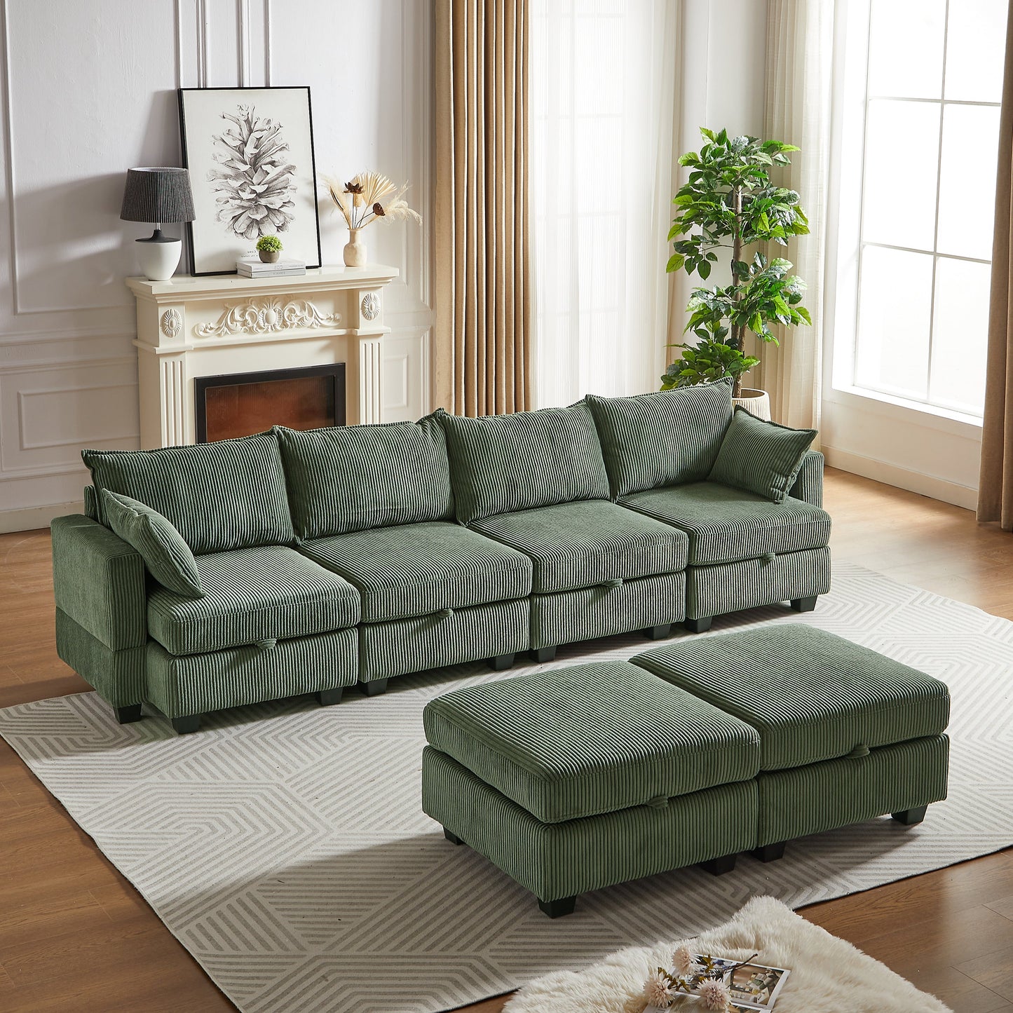 113.5'' Convertible Modular Sofa with Corduroy Fabric & Hidden Storage