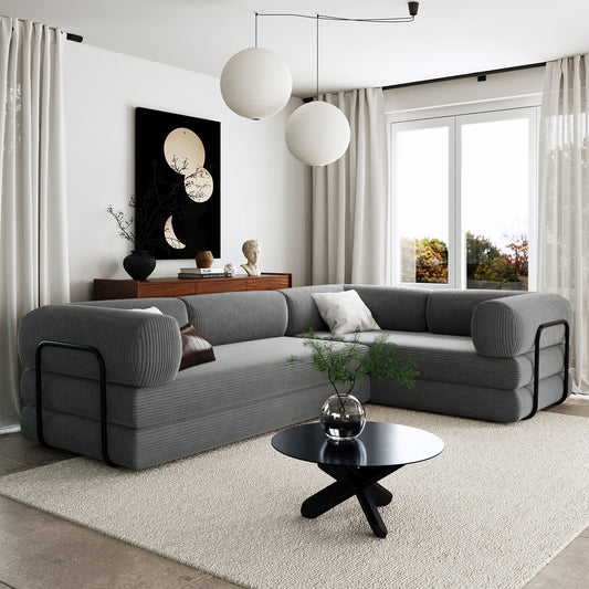 4-Seat Modular Sectional Sofa in Gray Corduroy - Converts to Guest Bed (No Assembly)