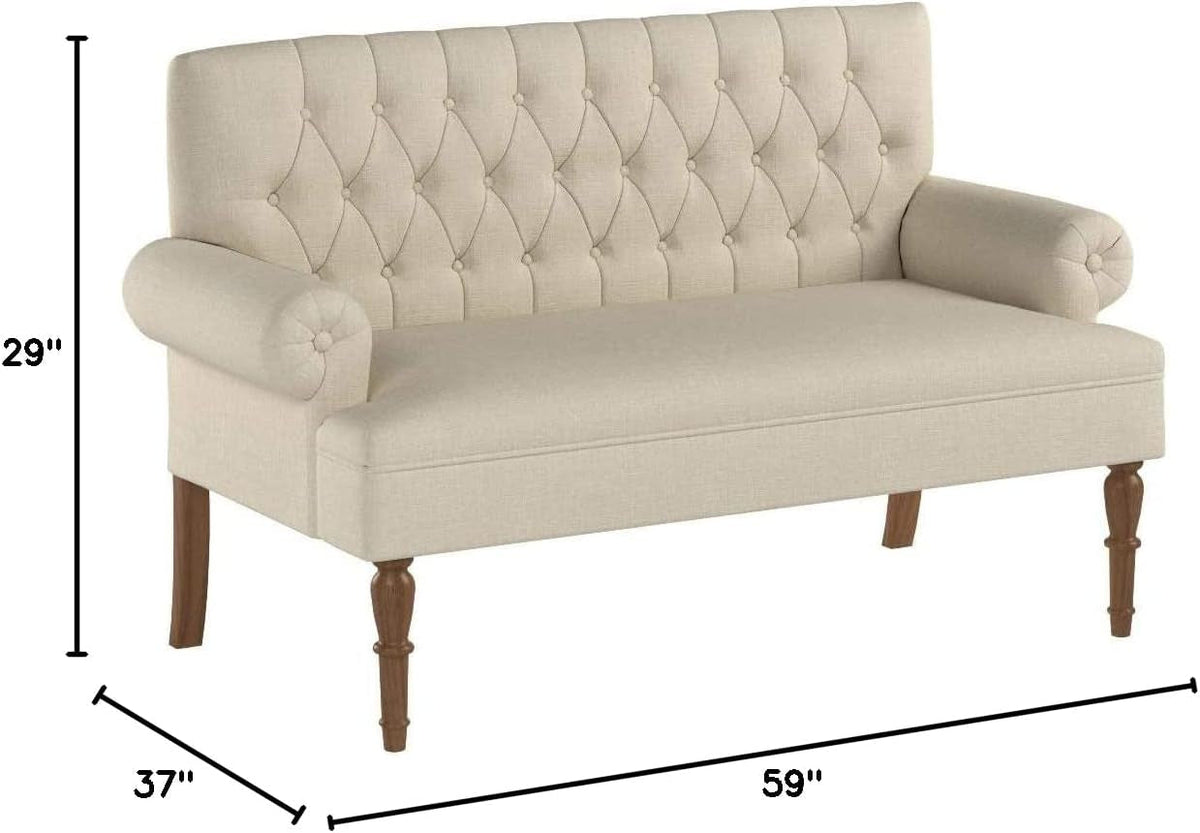 Beige tufted loveseat with dimensions on a white background