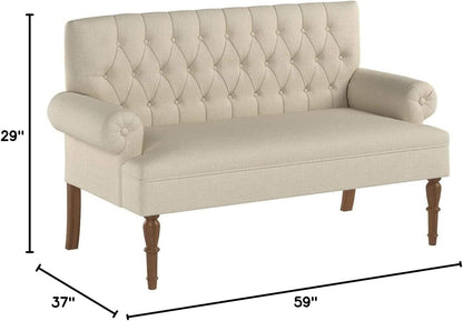 Beige tufted loveseat with dimensions on a white background