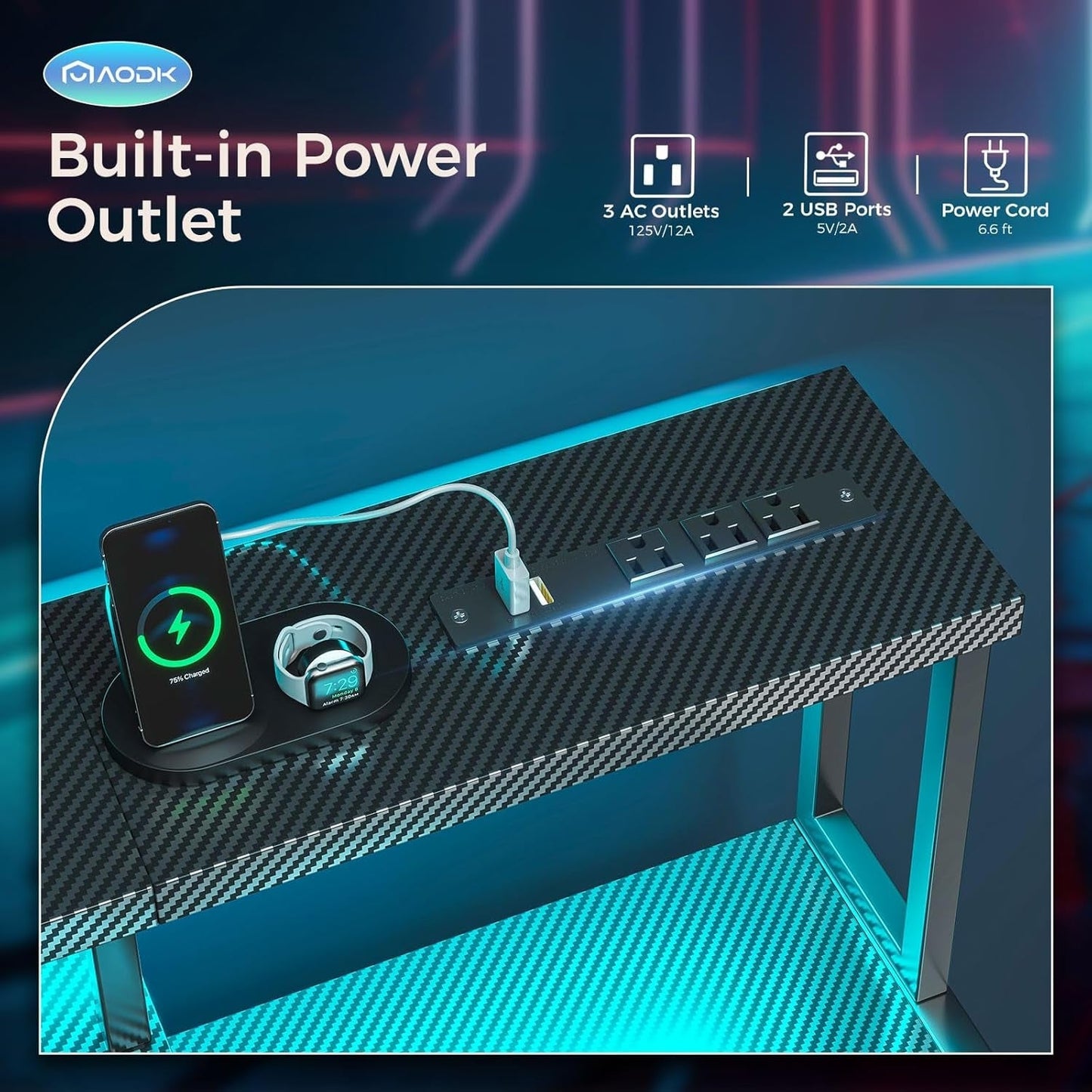 Computer Desk with LED Lights & Power Outlets