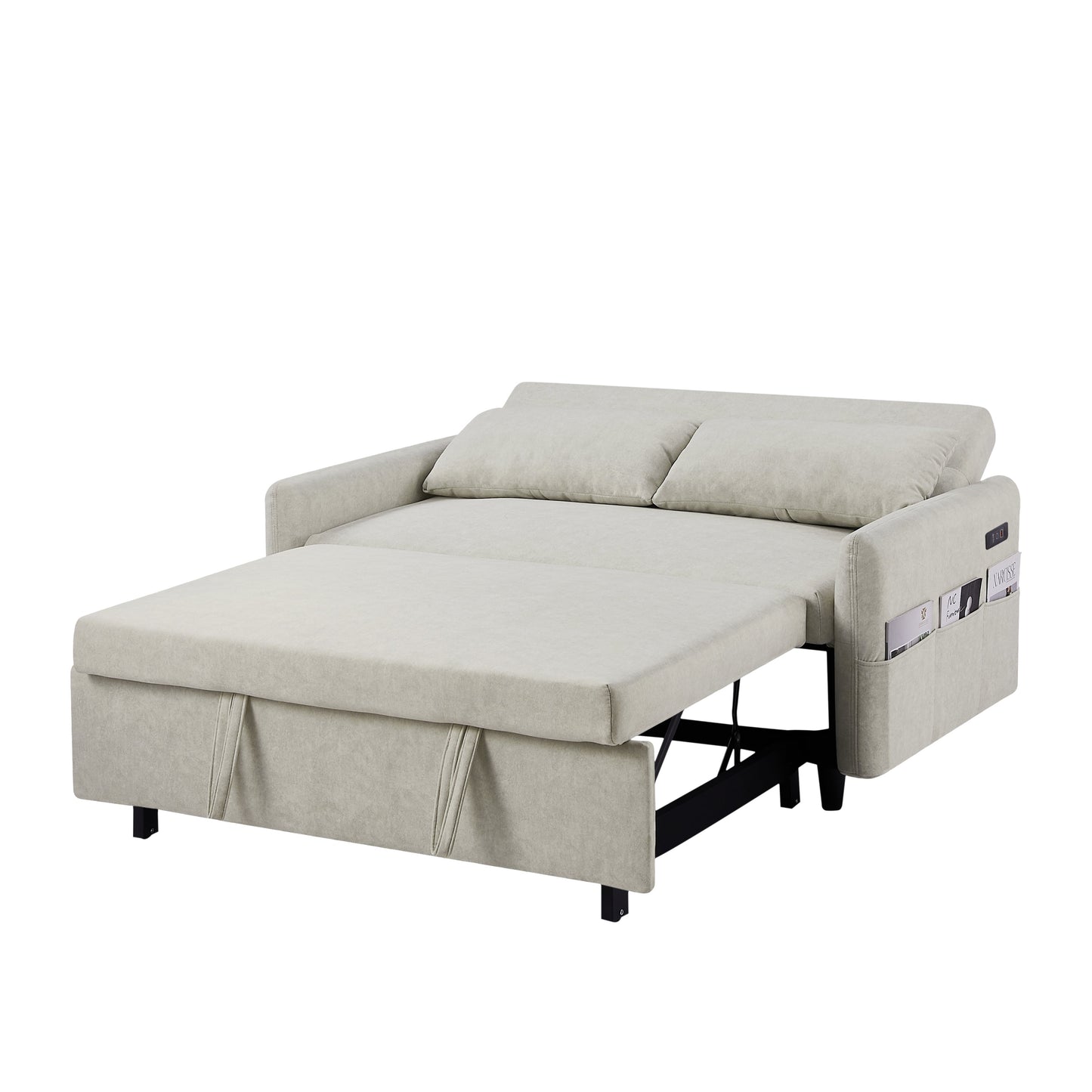 2-Seat Microfiber Sofa Bed with Pillows and Side Storage