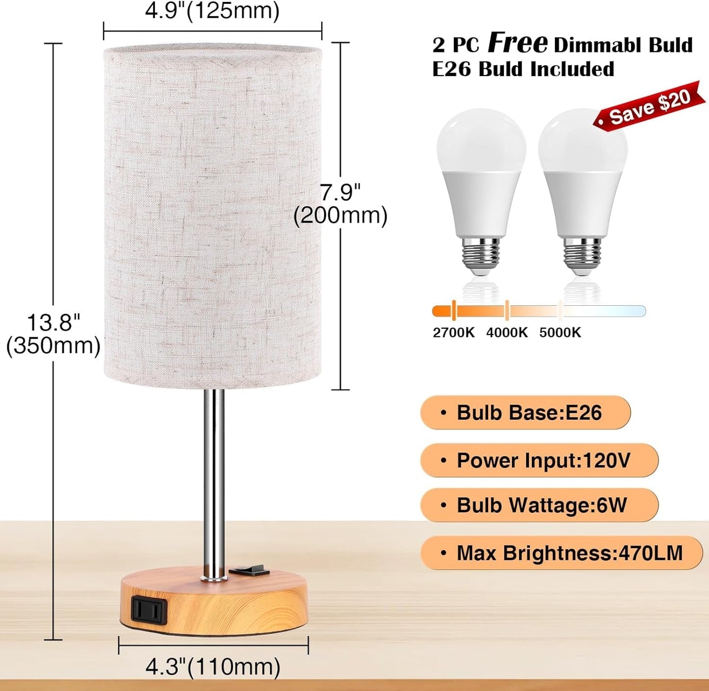 Soft Glow Bedside Lamps – Set of 2 with Built-In Outlets