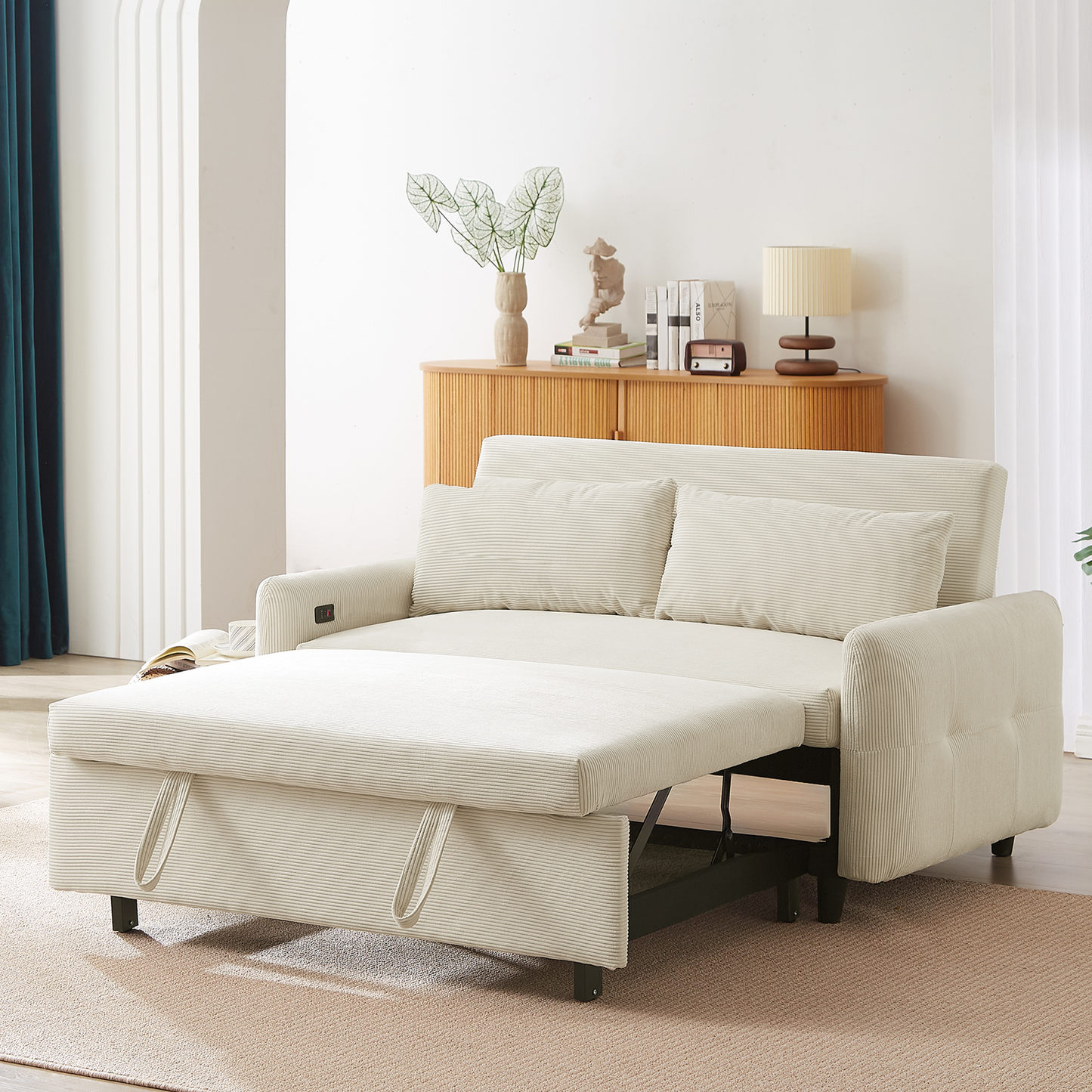 Avery Mid-Century Beige Loveseat Sleeper with Adjustable Backrest