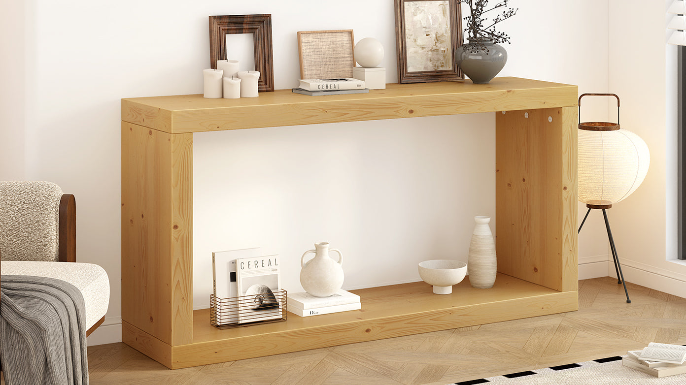Modern Minimalist Entryway Console Table with Storage Shelf – Natural Wood Hallway Table