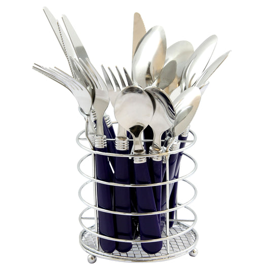 Durable Flatware Collection with Cobalt Handles & Chrome Caddy
