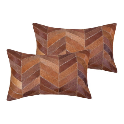 Set of 2 Tan Chevron Cowhide Lumbar Pillows, 12"x20"