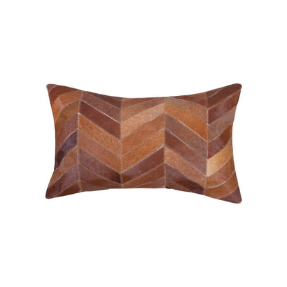 Set of 2 Tan Chevron Cowhide Lumbar Pillows, 12"x20"