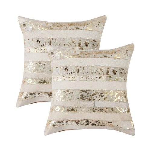 Natural & Gold Striped Cowhide Pillows – Set of 2