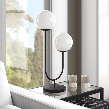 Modern Globe Table Lamp | 28-Inch Black Metal with White Glass Shade