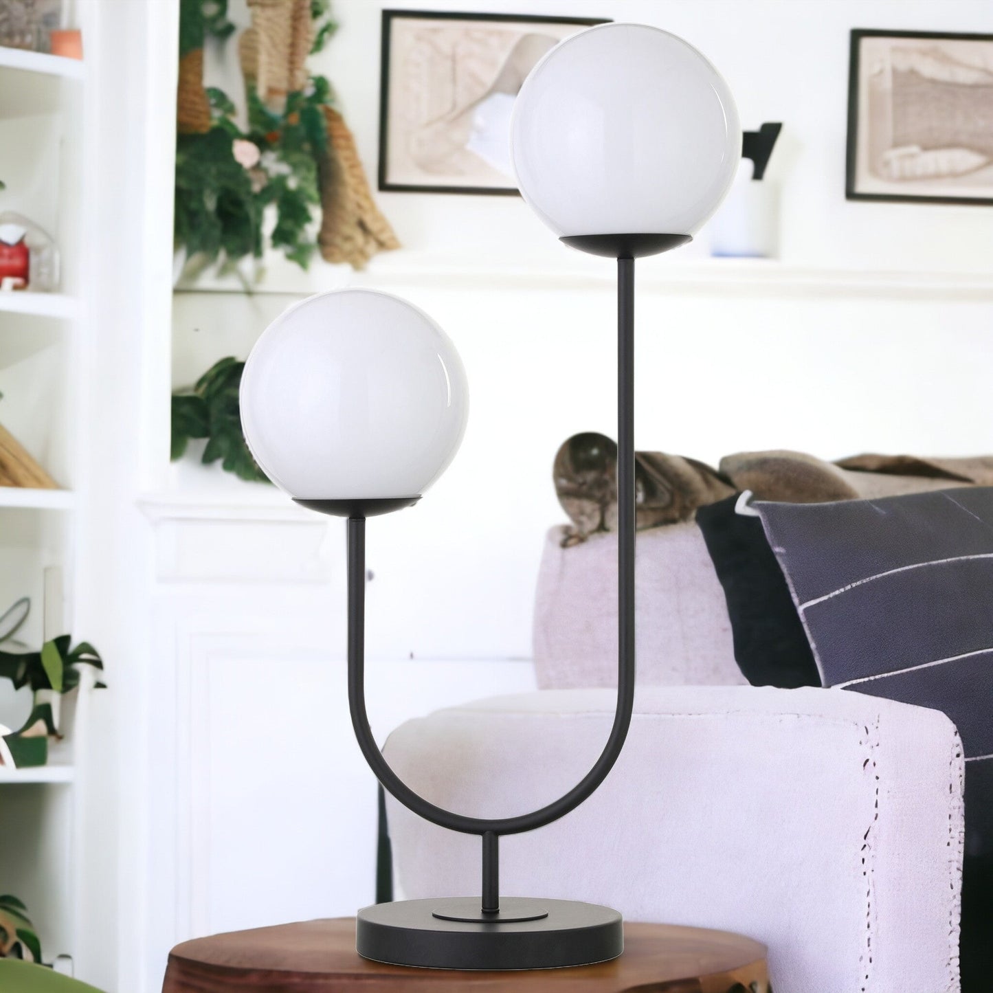 Modern Globe Table Lamp | 28-Inch Black Metal with White Glass Shade