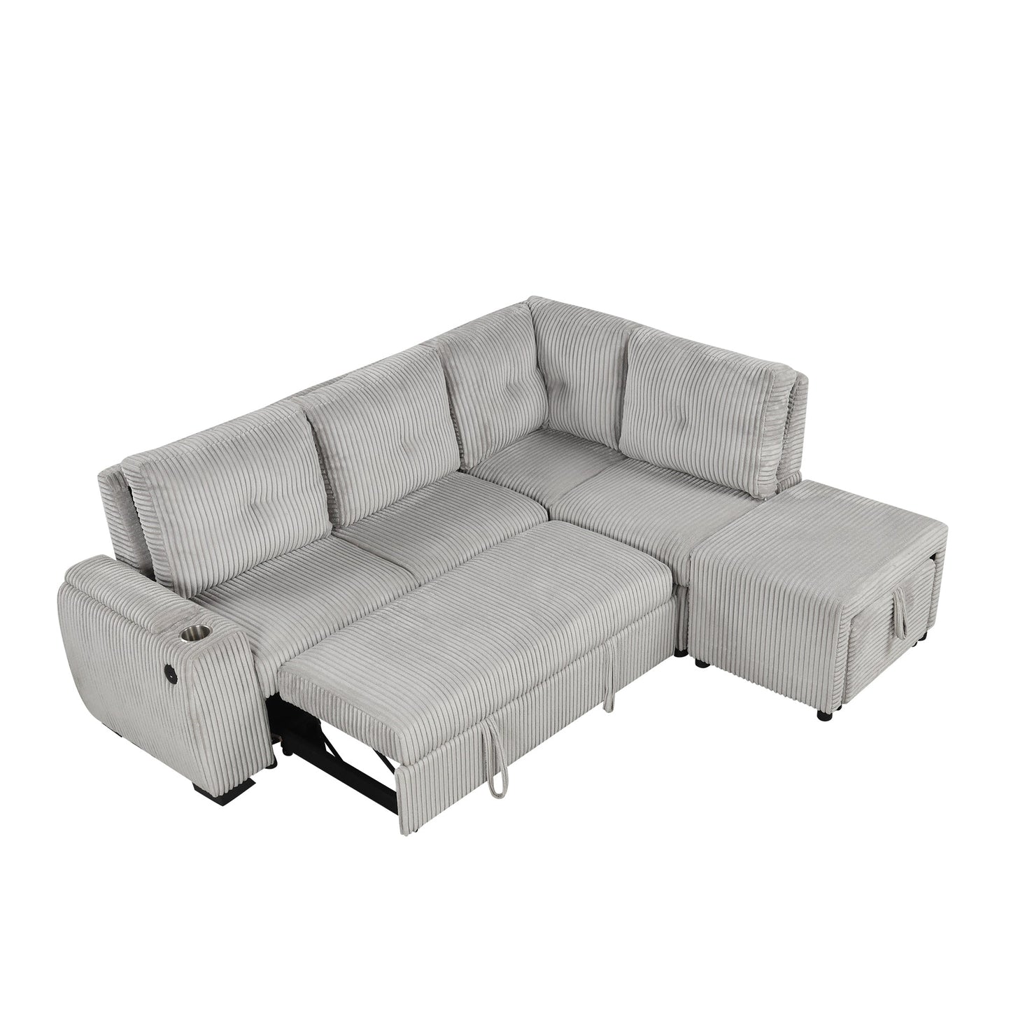 Light Grey Corduroy Sectional Sofa Bed with Built-in USB, Storage, and Movable Ottoman