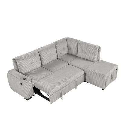 Light Grey Corduroy Sectional Sofa Bed with Built-in USB, Storage, and Movable Ottoman