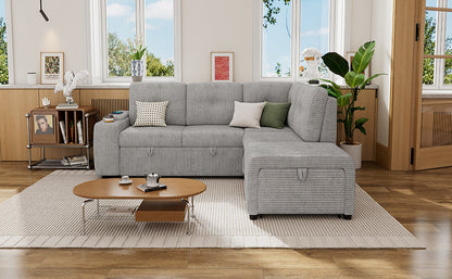Light Grey Corduroy Sectional Sofa Bed with Built-in USB, Storage, and Movable Ottoman