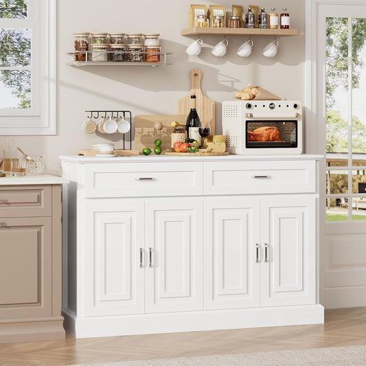 Luxury White Sideboard – 36" Tall Buffet Cabinet with Storage & Silver Pulls