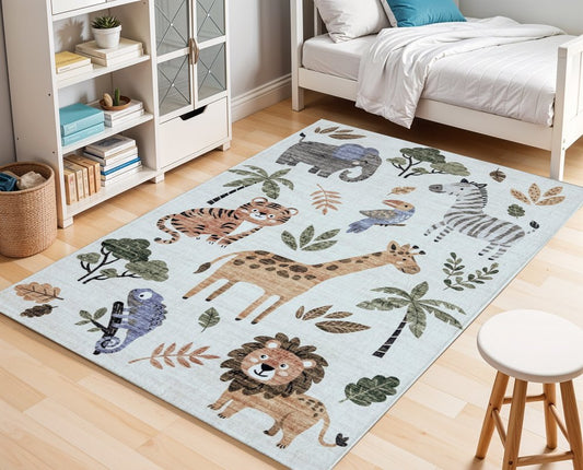 Gray, Brown & Green Zoo Animals Youthful Area Rug – 7' x 10'