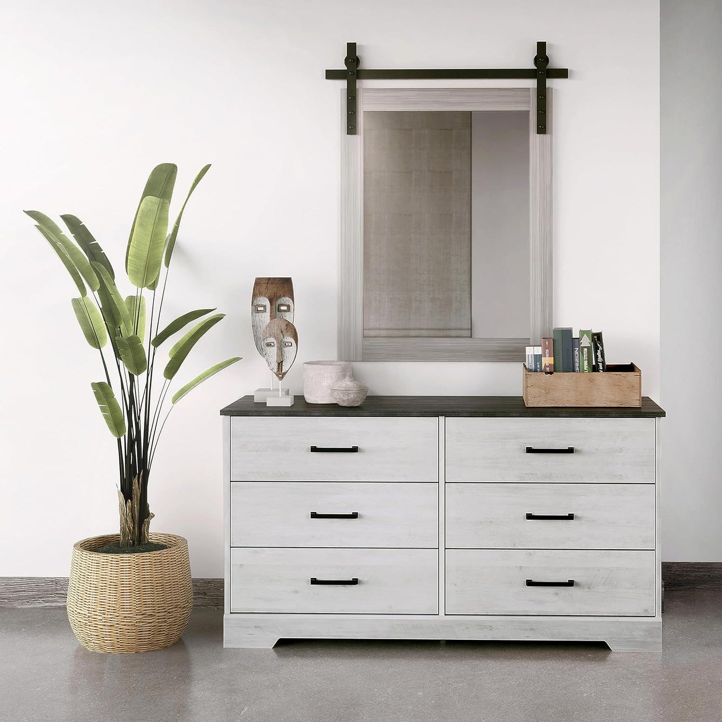 Whitewash Farmhouse Dresser with Rustic Planked Top - 53 In.