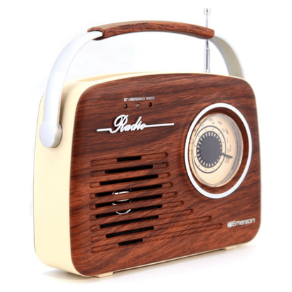 Emerson Retro Radio Bluetooth 5.0 Portable AM/FM Rechargeable Analog Wood Finish