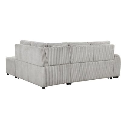 Light Grey Corduroy Sectional Sofa Bed with Built-in USB, Storage, and Movable Ottoman