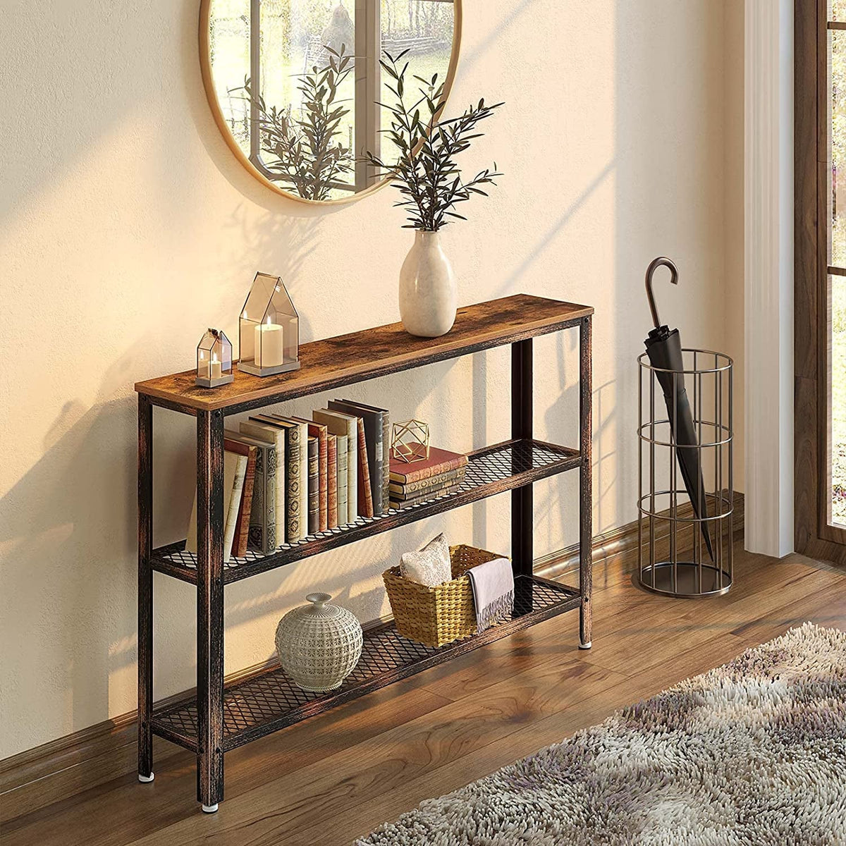 47" Narrow Rustic Console Table with 2-Tier Metal Shelves