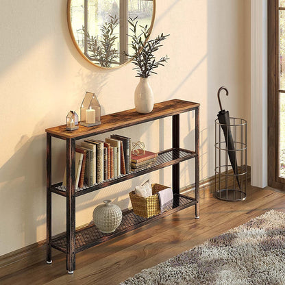 47" Narrow Rustic Console Table with 2-Tier Metal Shelves