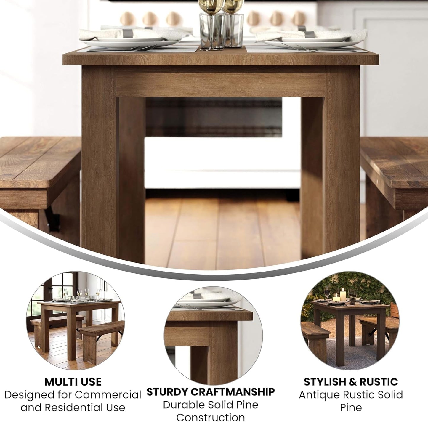 Solid Pine Farm Dining Table in Antique Rustic Finish