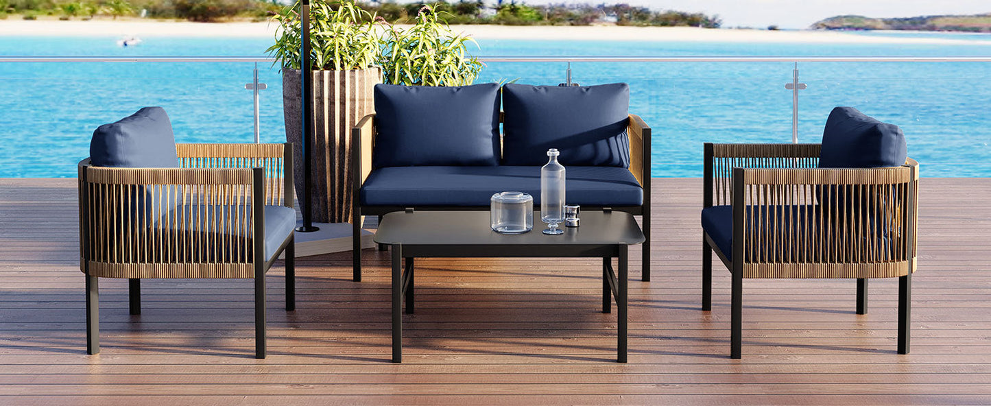 Modular Outdoor Wicker Sofa Set with Tempered Glass Table